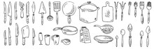Kitchen Tools For Cooking. Set Of Dishes And Pots. Accessories, Knives And Miscellaneous. Outline Hand Drawn Sketch. Drawing With Ink. Isolated On White Background. Vector.