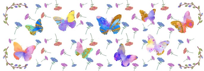 Wall Mural - Watercolour illustration with butterflies, flowers. Birthday, Valentines day, wedding, Easter, holiday template. Botanical pattern. Summer, spring banner.