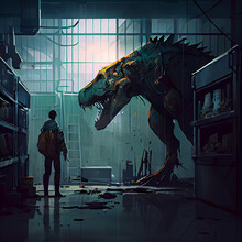 A Hunter Looked At The Captured T-rex In An Abandoned Lab, Digital Art Style, Illustration Painting