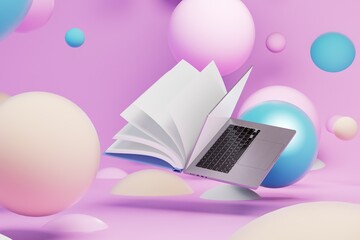 distance learning. an open book with a laptop on an abstract background with multi-colored spheres. 3D render