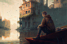 Young Man Sits On A Boat Looking At The Flooded Abandoned City, Digital Art Style, Illustration Painting