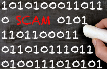 blackboard with digital number code and red scam written