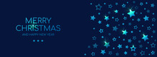 Merry Christmas And Happy New Year Long Banner For Facebook Cover Template. Vector Dark Greeting Card With Blue Shining Stars
