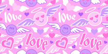 Heart Shape Cartoon Face Sticker Label Seamless Pattern. Retro 90s Pink Love Patch Background Texture. Vintage Valentine's Day Decorative Sign Wallpaper Illustration.