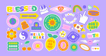 Colorful Retro Cartoon Label Shape Set. Collection Of Trendy Vintage Y2k Sticker Shapes. Funny Soft Pastel Color Quote Sign Bundle. Cute Children Icon, Fun Patch Illustrations.