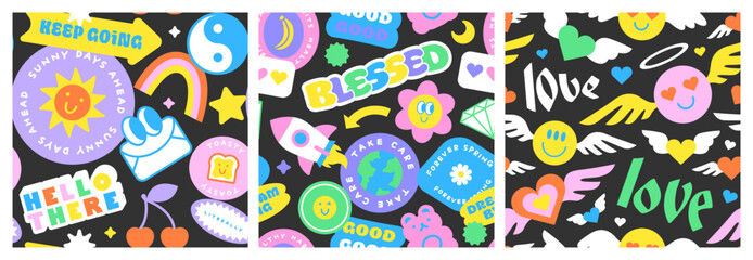 Colorful funny happy face label seamless pattern set. Collection of trendy retro sticker cartoon backgrounds. Y2K comic character art, quote sign wallpaper bundle.