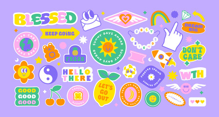 Wall Mural - Colorful retro cartoon label shape set. Collection of trendy vintage y2k sticker shapes. Funny soft pastel color quote sign bundle. Cute children icon, fun patch illustrations.