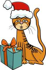 Wall Mural - cartoon cat or kitten with present on Christmas time