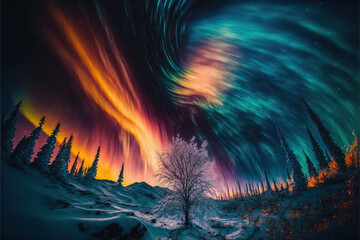 Beautiful and unreal Aurora borealis, or Northern Lights and mountains. Hyperrealistic AI-assisted digital art.