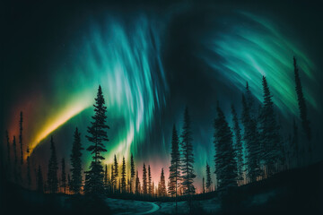 Beautiful and unreal Aurora borealis, or Northern Lights and mountains. Hyperrealistic AI-assisted digital art.