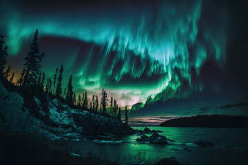 Beautiful and unreal Aurora borealis, or Northern Lights and mountains. Hyperrealistic AI-assisted digital art.