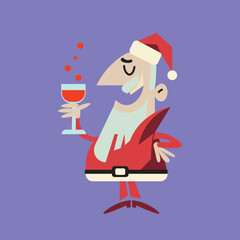 Vintage mid century modern style cartoon santa claus holding a glass of champagne in his hands, flat character design