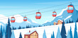 Winter mountain landscape. Vector illustration of ski resort with snowy hill, slope, hotels, ski lift. Outdoor holiday activity in Alps. Winter sport. Skiing and snowboarding. Active vacation weekend