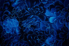 Beautiful Dark - Royal Blue Vivid Texture Background. Fabric Full Of Blue Flowers