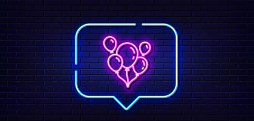 Wall Mural - Neon light speech bubble. Balloons line icon. Amusement park or birthday party sign. Neon light background. Balloons glow line. Brick wall banner. Vector