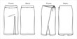 Vector midi skirt with loop detail fashion CAD, woman jersey or woven fabric  wrapped long skirt with bow technical drawing, flat, sketch, template, mock up. 2 pieces set, front back view, white color