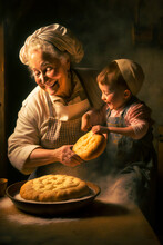 Beautiful Digital Painting In Vintage Style Grandmother And Granddaughter Baking And Eating. Illustration