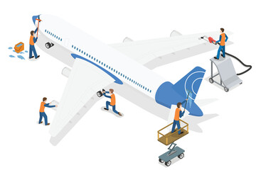 3D Isometric Flat  Conceptual Illustration of Aircraft Maintenance