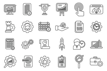 Wall Mural - Performance management icons set outline vector. People study. Finance monitor