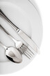 © BillionPhotos.com - Silver knife, spoon and fork on a white plate