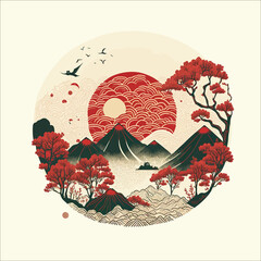 Aufkleber - Abstract hill landscape in oriental style, mountain flat vector illustrations isolated on white background