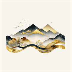 Sticker - Abstract mountain and golden line arts flat illustrations isolated on white background.