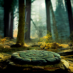Flat stone podium in the magical forest illustration, empty round pedestal background, natural stage with moss for cosmetic product display minimal design, Generative AI