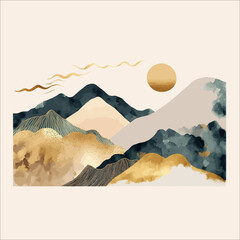 Poster - Abstract mountain and golden line arts flat illustrations isolated on white background.