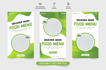 Wall Mural - Asian food media story design with green colors for marketing. Special food menu decoration for restaurant business promotion. Asian food social media story template with abstract shapes.