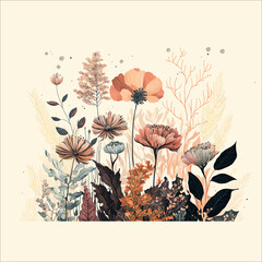 Poster - Autumn floral garden in watercolor flat vector illustrations isolated on white background