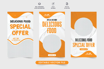 Wall Mural - Delicious food menu social media story vector with yellow and dark colors. Latin American food promotional template design with abstract shapes. Special food discount poster design for marketing.
