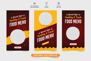 Wall Mural - Healthy food menu promotional story design for social media marketing. Special food menu advertisement poster template with maroon and yellow colors. Latin american food web banner with discount offer