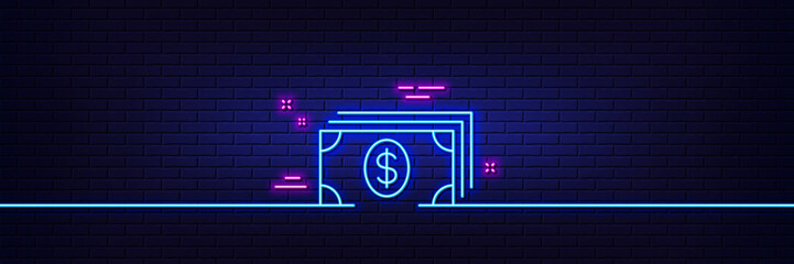 Sticker - Neon light glow effect. Cash money line icon. Banking currency sign. Dollar or USD symbol. 3d line neon glow icon. Brick wall banner. Banking outline. Vector