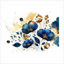 Floral In Watercolor, Flower Garden. Elegant Gold Blossom Flowers Flat Vector Illustrations Isolated On White Background