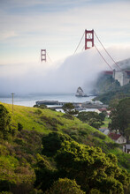 Golden Gate Bridge Towering Over The Hills Of Cavallo Point And Fort Baker, In Marin County, California