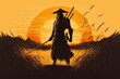 Silhouette of a samurai at sunset in the middle of a wheat field