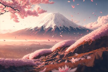 Wall Mural - Mount Fuji and billowing scattered sakura petals.