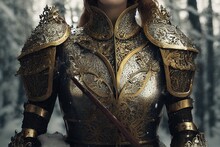 Majestic Female Armor In A Snowy Forest.