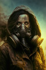 Wall Mural - Woman in gas mask with smoke. Generative AI.