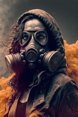 Wall Mural - Woman in gas mask with smoke. Generative AI.