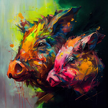 Oil Painting Of Two Pigs