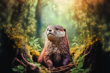 Cute Funny Tiny Otter In A Forest