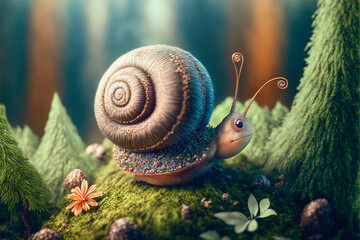 Cute funny tiny snail in a forest