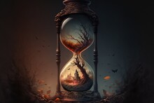Hourglass Fantasy Art Concept With Building And Tree Inside