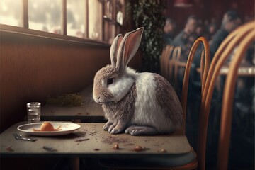 Wall Mural - Sad lonely bunny rabbit eats breakfast alone at a diner