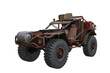 Rusty fantasy post apocalypse future off road car made from scrap parts. 3D illustration isolated.