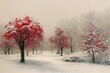 red maple trees covered by snow, wintery postcard concept