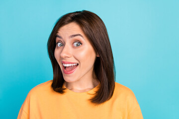 Photo of impressed nice person toothy smile open mouth cant believe isolated on blue color background