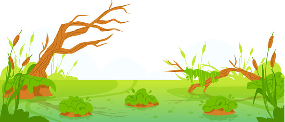 nature landscape background, natural green forest with swamp, vector illustration. cartoon tree bran