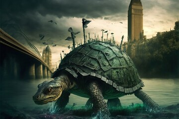 Cybernetic turtle attacking London 